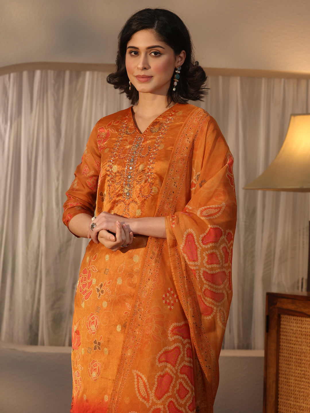  Libas Rust Orange Bandhani Printed Organza Straight Suit Set 