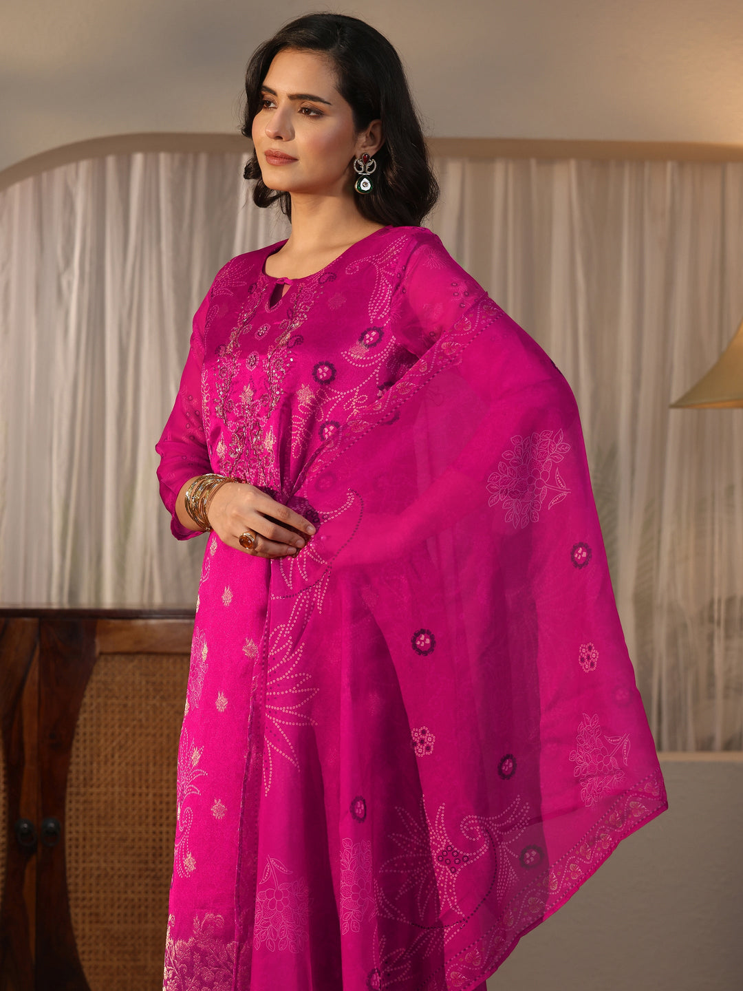  Libas Pink Bandhani Printed Organza Straight Suit Set 