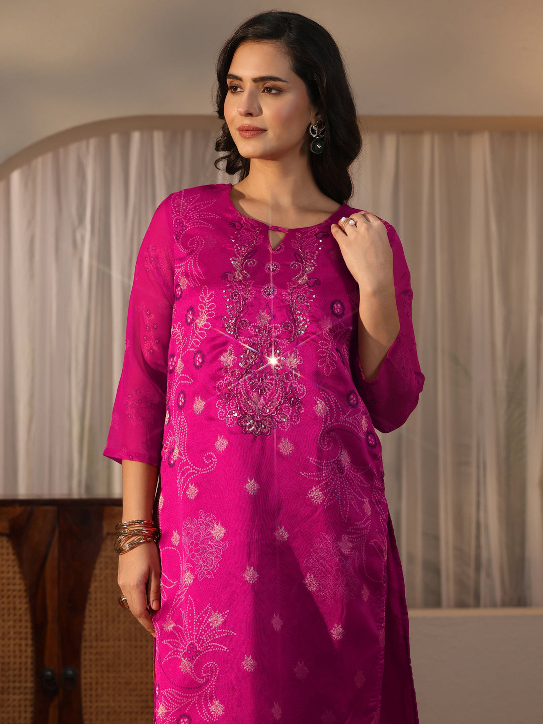  Libas Pink Bandhani Printed Organza Straight Suit Set 