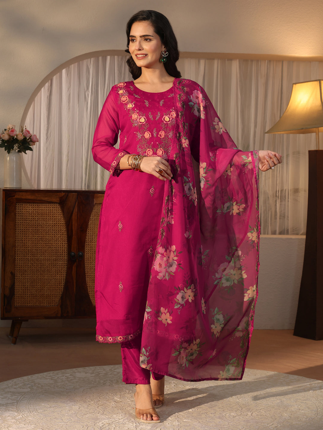  Libas Pink Floral Embroidered Organza Straight Suit Set 