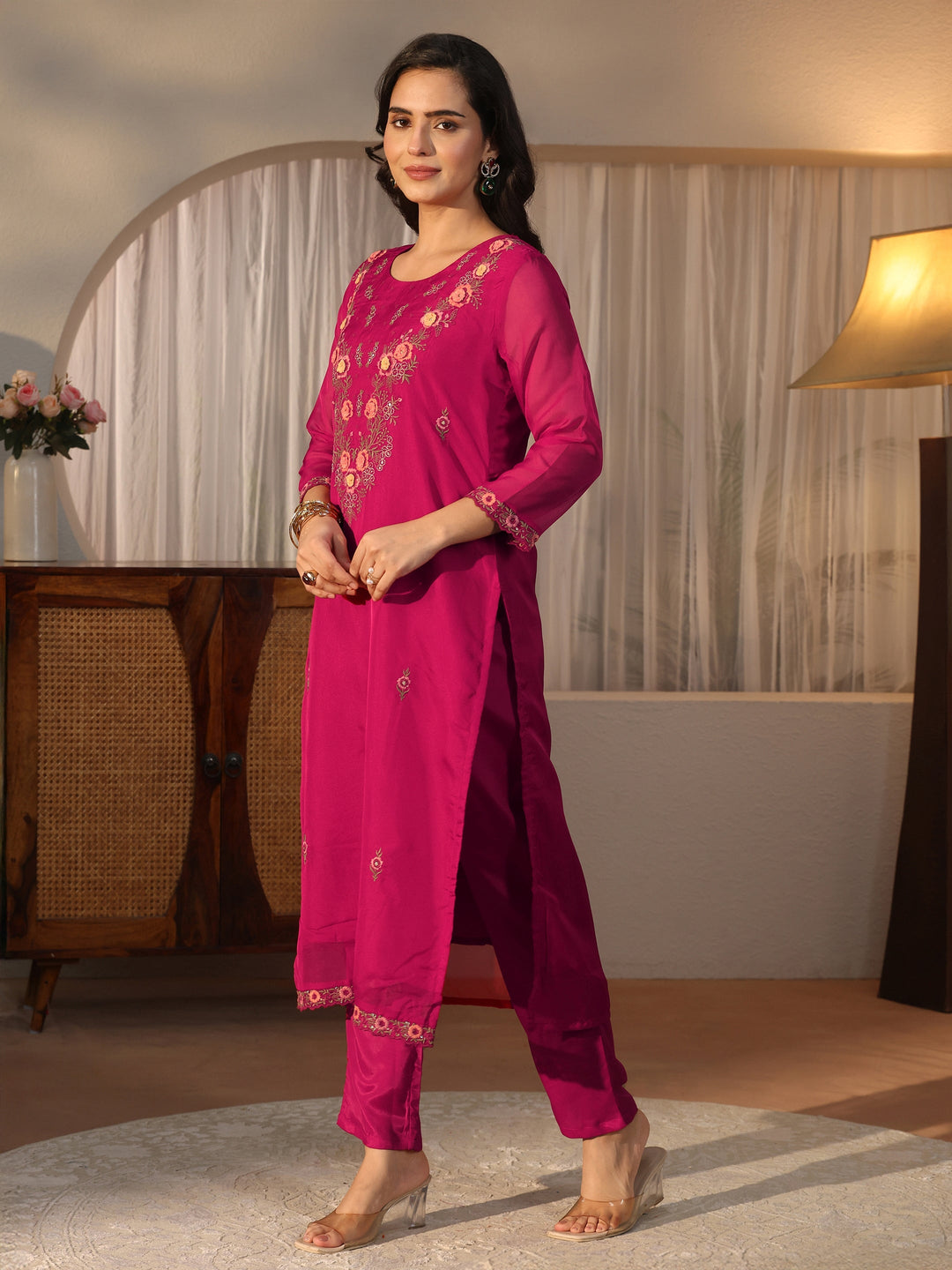  Libas Pink Floral Embroidered Organza Straight Suit Set 