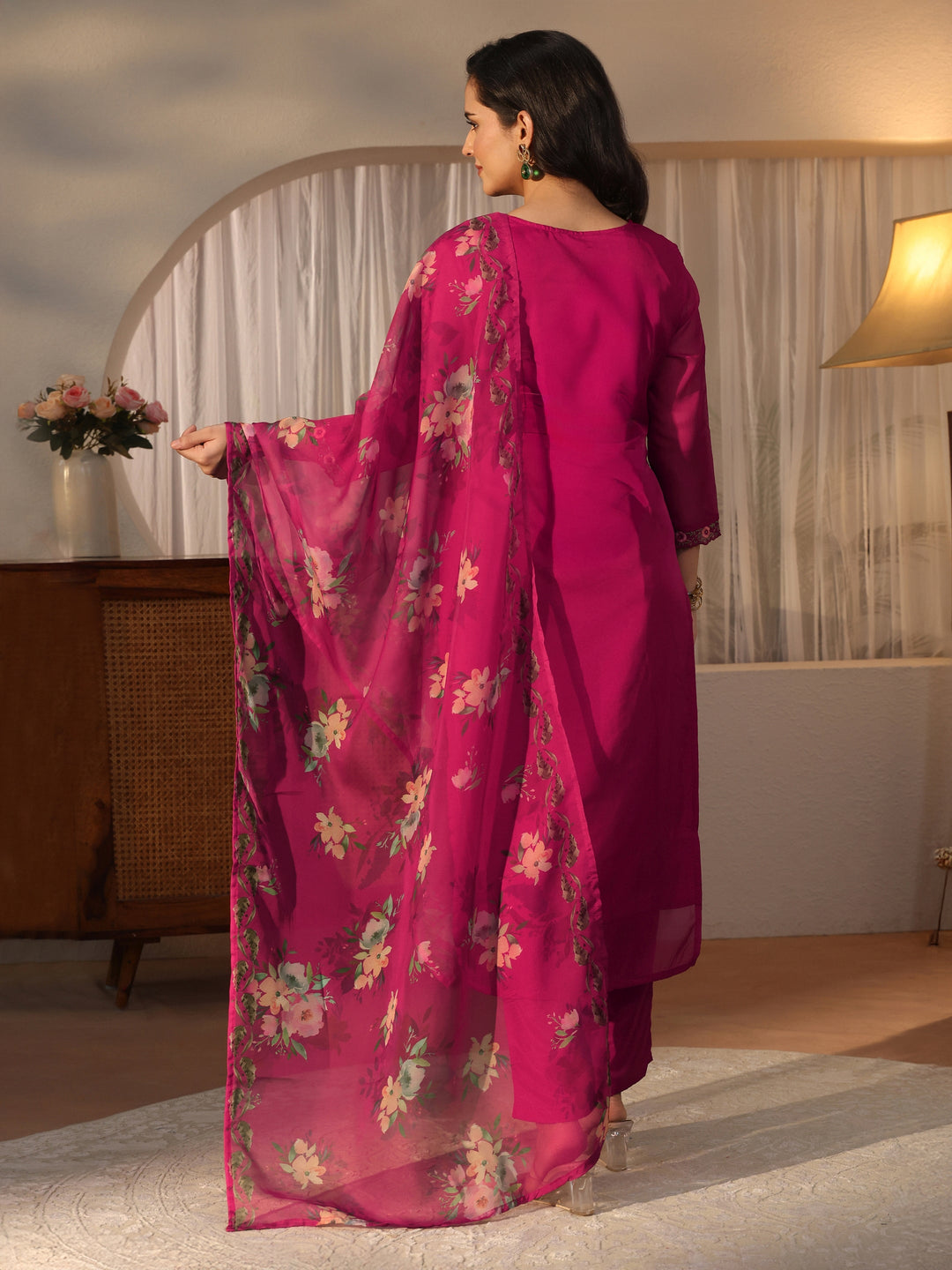  Libas Pink Floral Embroidered Organza Straight Suit Set 