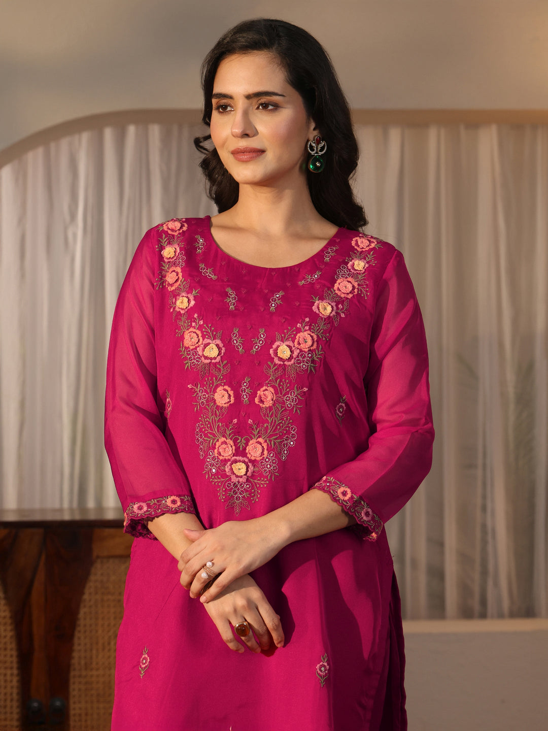 Libas Pink Floral Embroidered Organza Straight Suit Set 