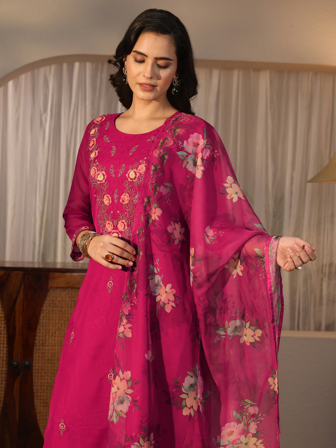  Libas Pink Floral Embroidered Organza Straight Suit Set 
