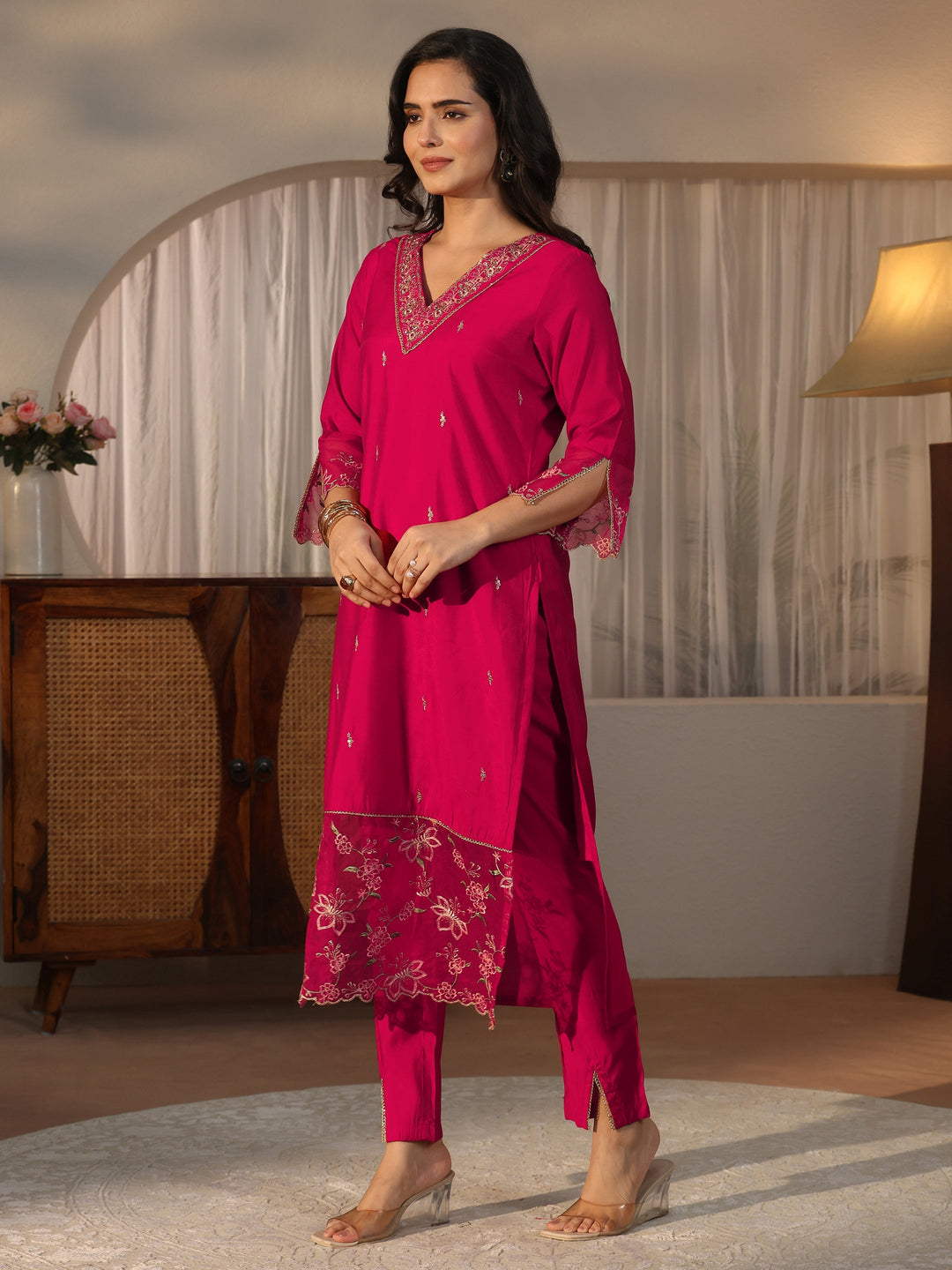  Libas Pink Floral Embroidered Silk Blend Straight Suit Set 