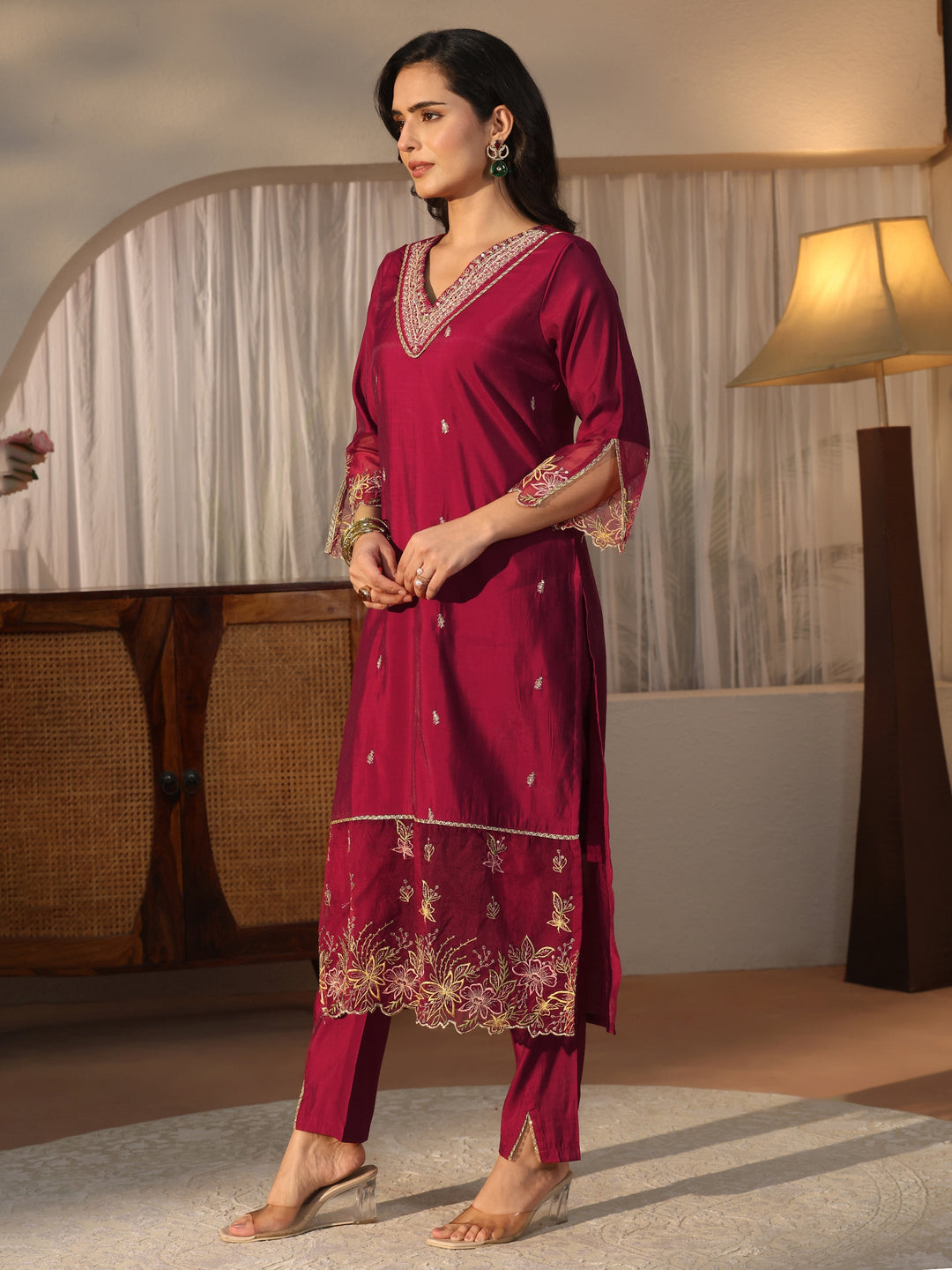  Libas Maroon Yoke Design Embroidered Silk Blend Straight Suit Set 
