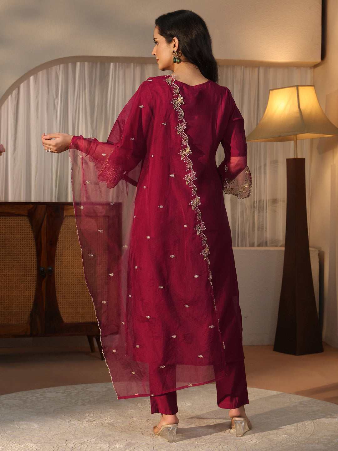 Libas Maroon Yoke Design Embroidered Silk Blend Straight Suit Set 