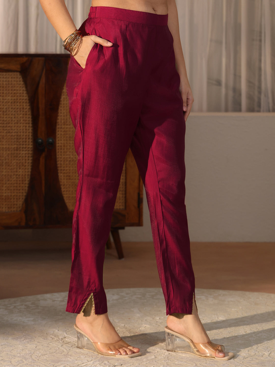  Libas Maroon Yoke Design Embroidered Silk Blend Straight Suit Set 