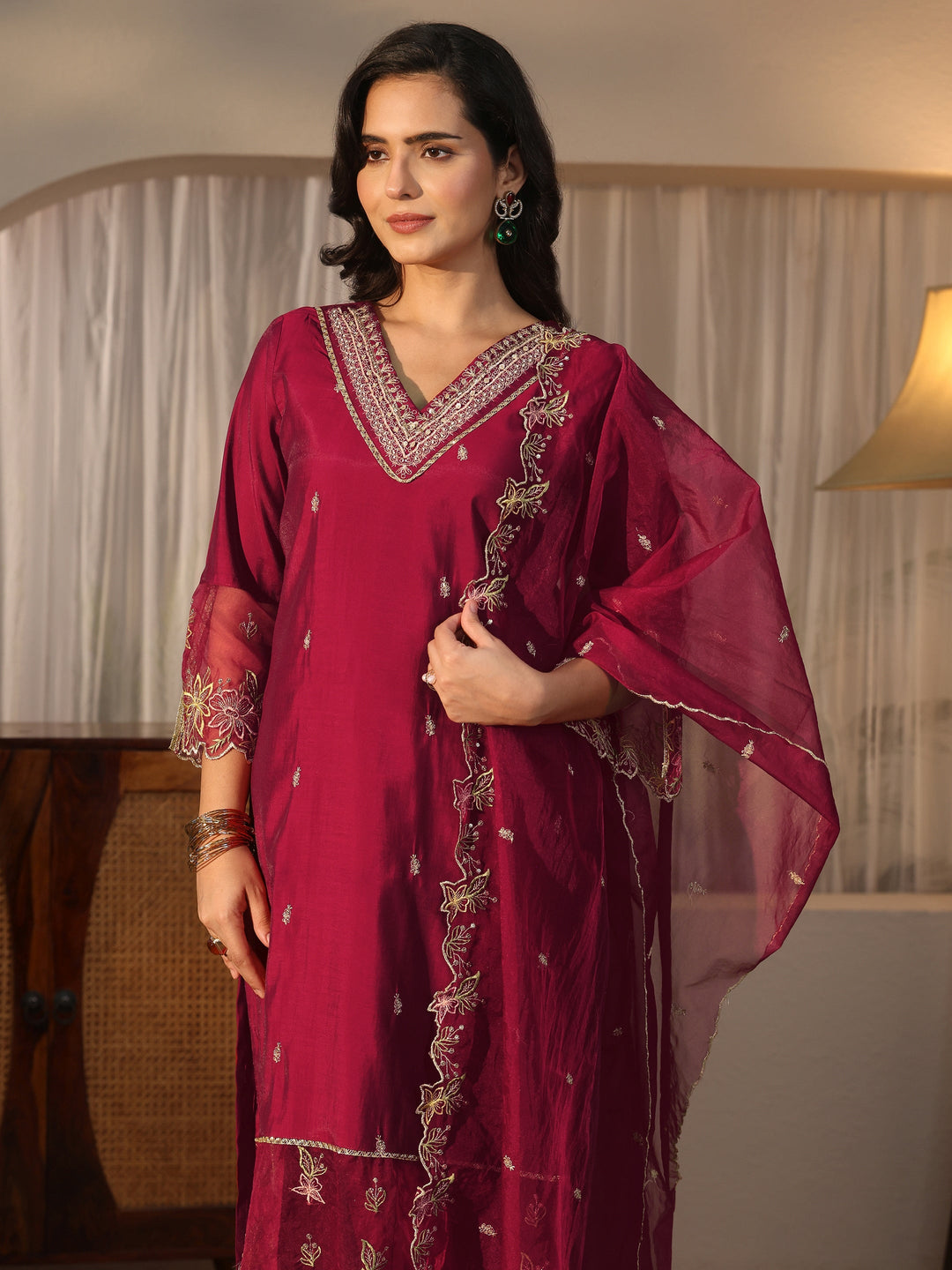  Libas Maroon Yoke Design Embroidered Silk Blend Straight Suit Set 