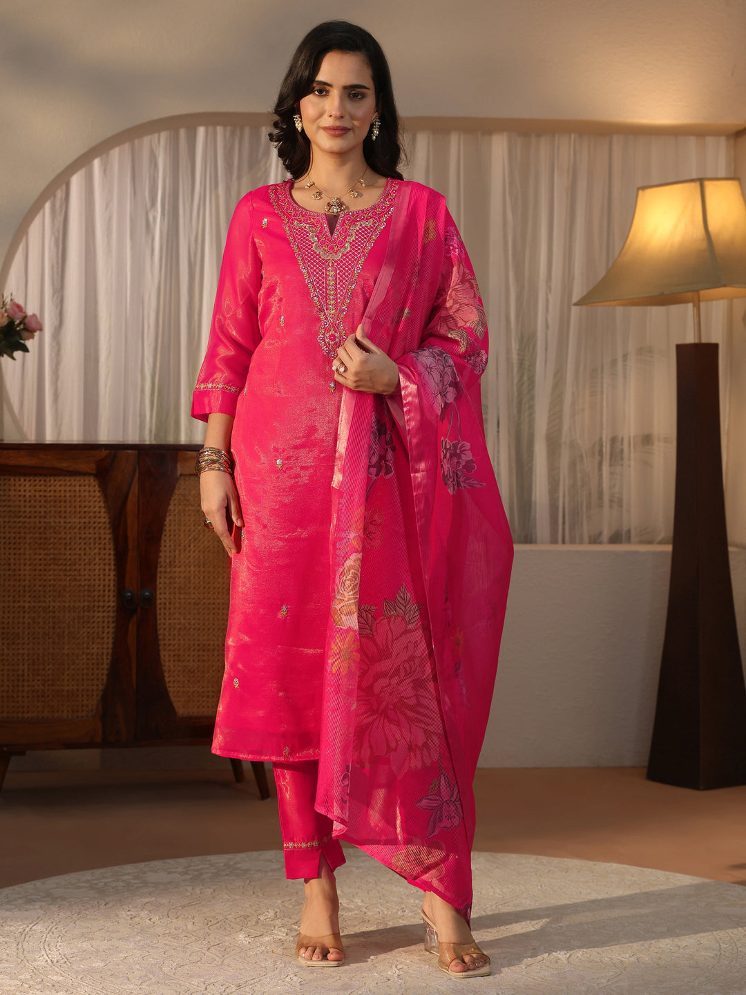  Libas Pink Floral Embroidered Tissue Straight Suit Set 