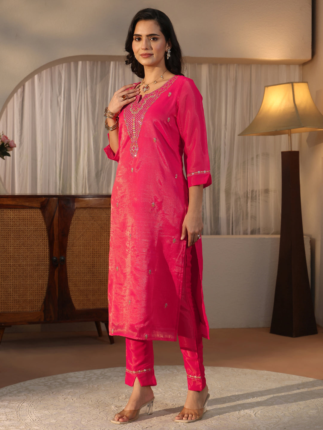  Libas Pink Floral Embroidered Tissue Straight Suit Set 