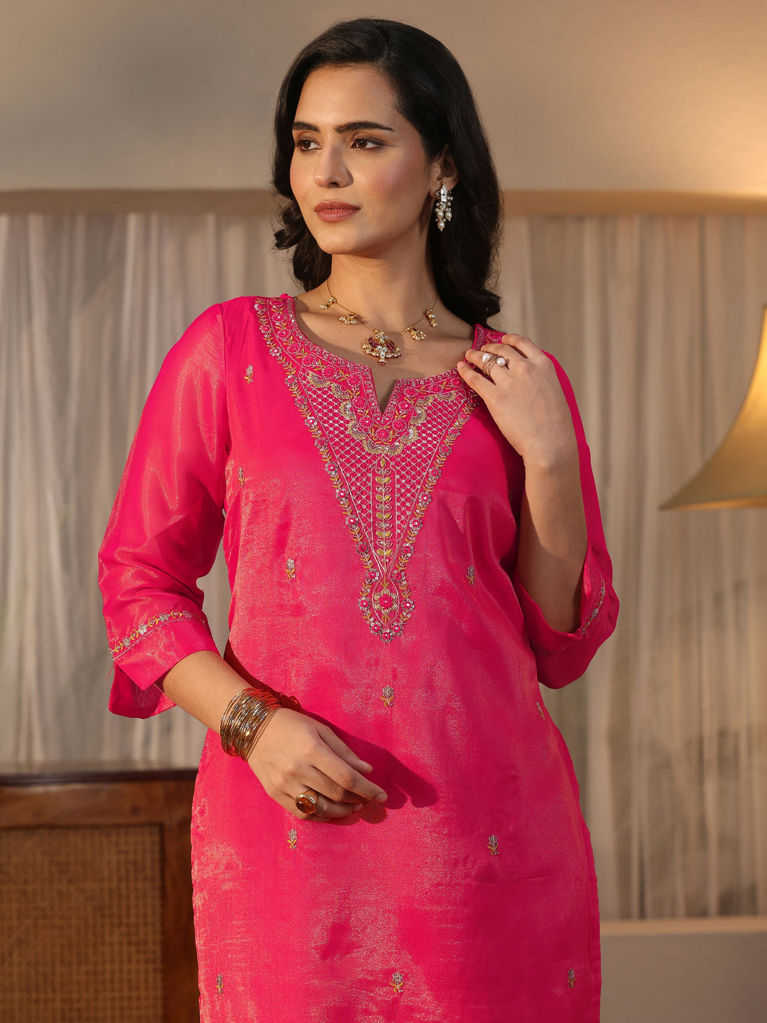  Libas Pink Floral Embroidered Tissue Straight Suit Set 