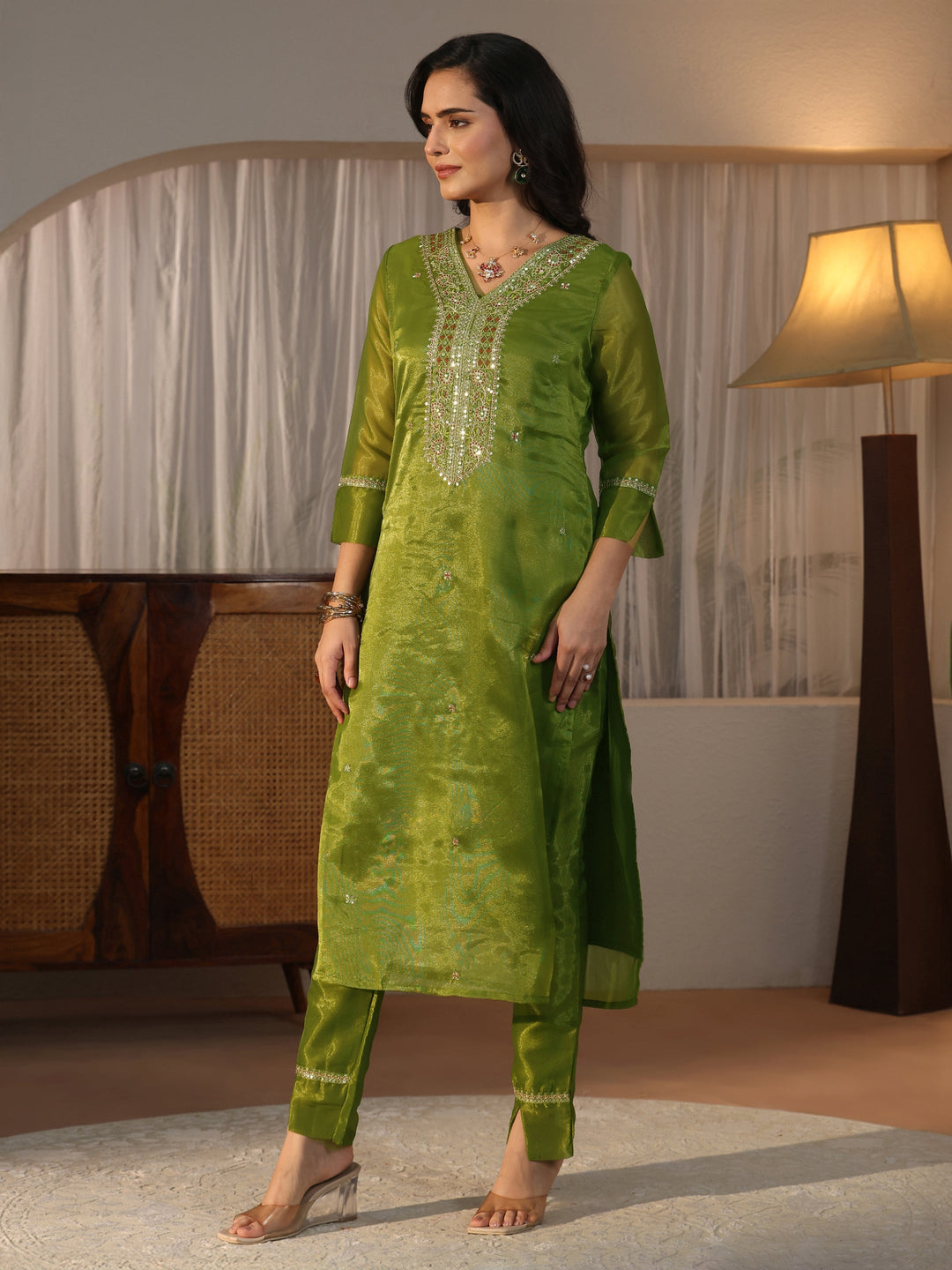  Libas Green Yoke Design Embellished Tissue Straight Suit Set 