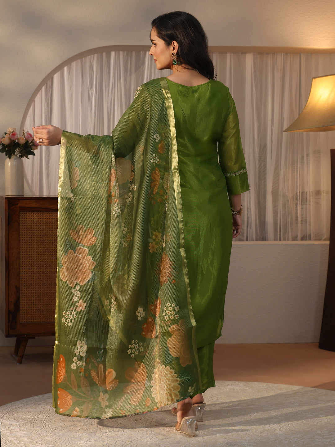  Libas Green Yoke Design Embellished Tissue Straight Suit Set 