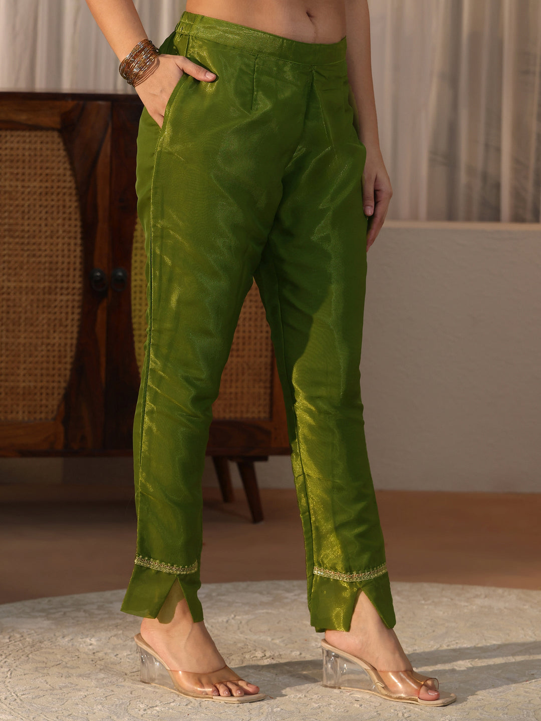  Libas Green Yoke Design Embellished Tissue Straight Suit Set 