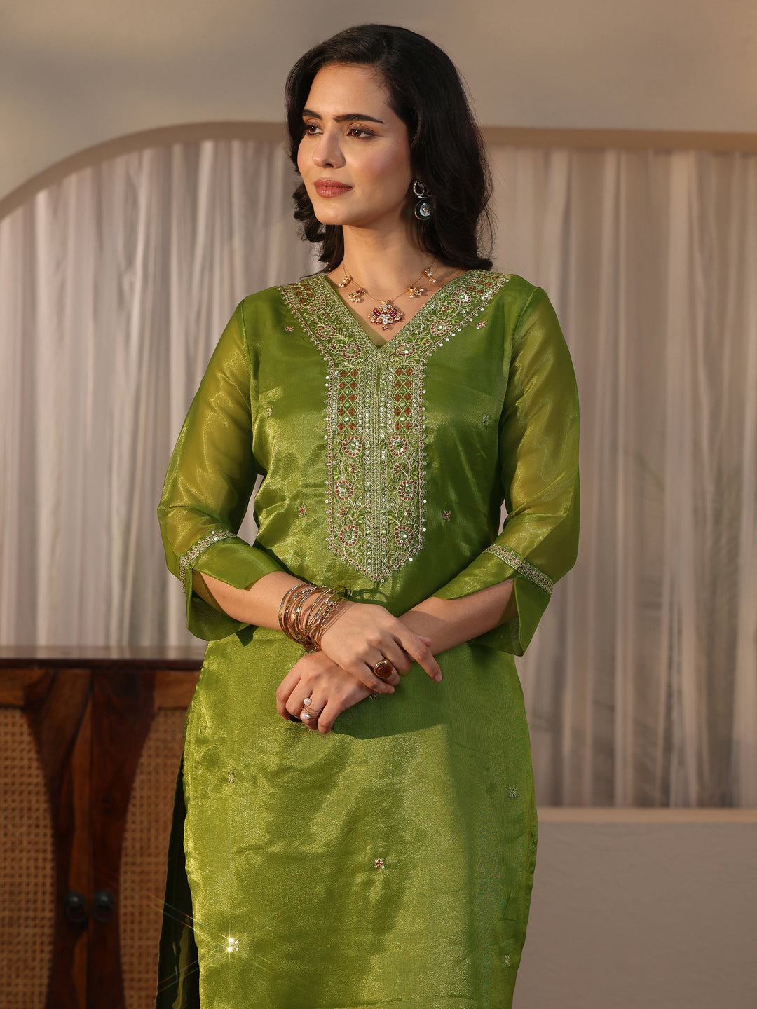  Libas Green Yoke Design Embellished Tissue Straight Suit Set 