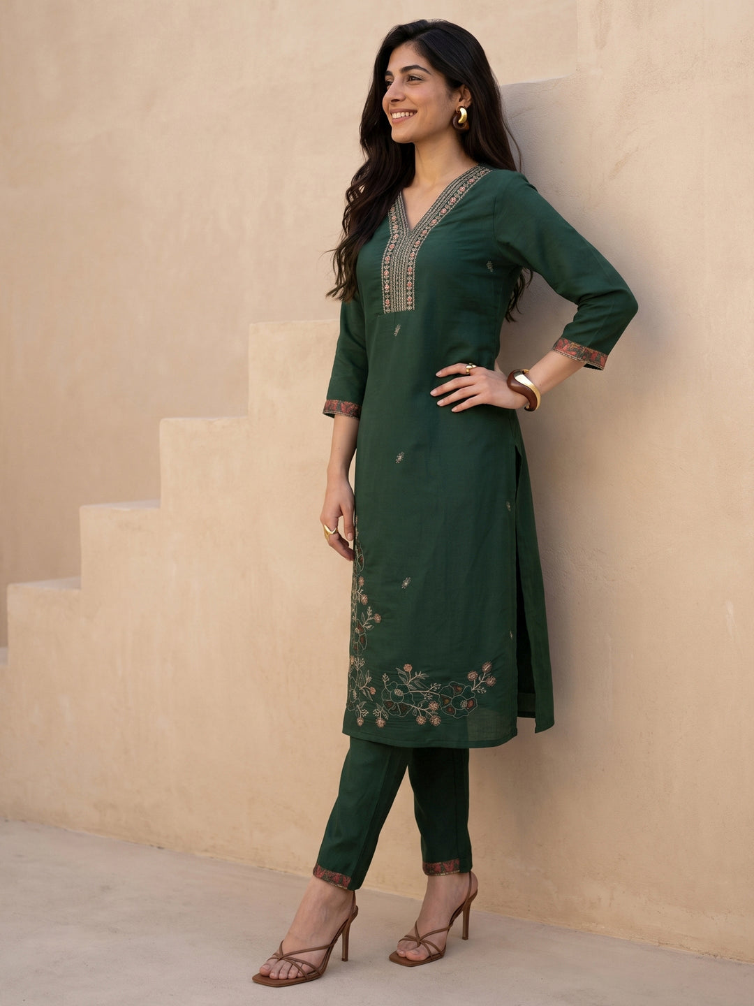  Libas Green Floral Embroidered Silk Blend Straight Suit Set 