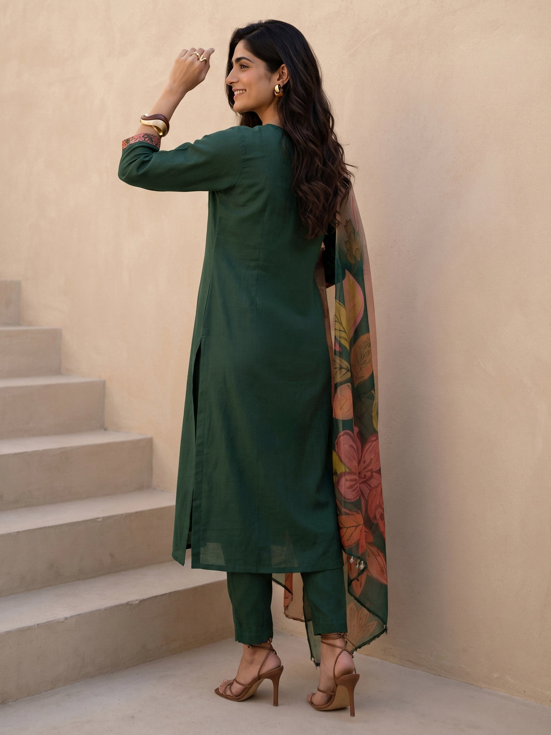  Libas Green Floral Embroidered Silk Blend Straight Suit Set 