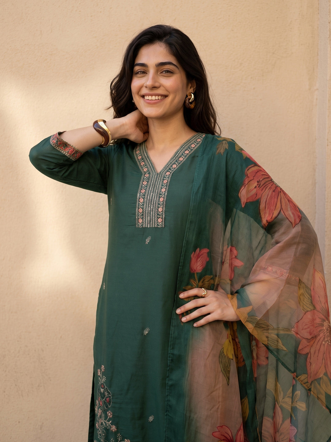  Libas Green Floral Embroidered Silk Blend Straight Suit Set 