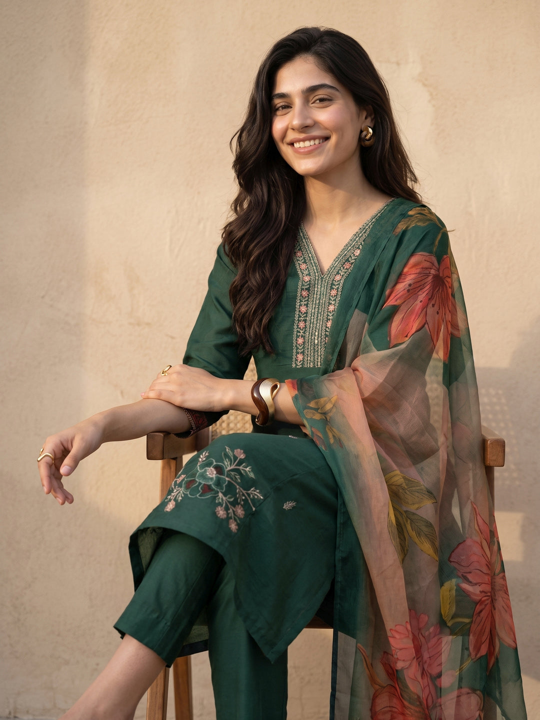  Libas Green Floral Embroidered Silk Blend Straight Suit Set 