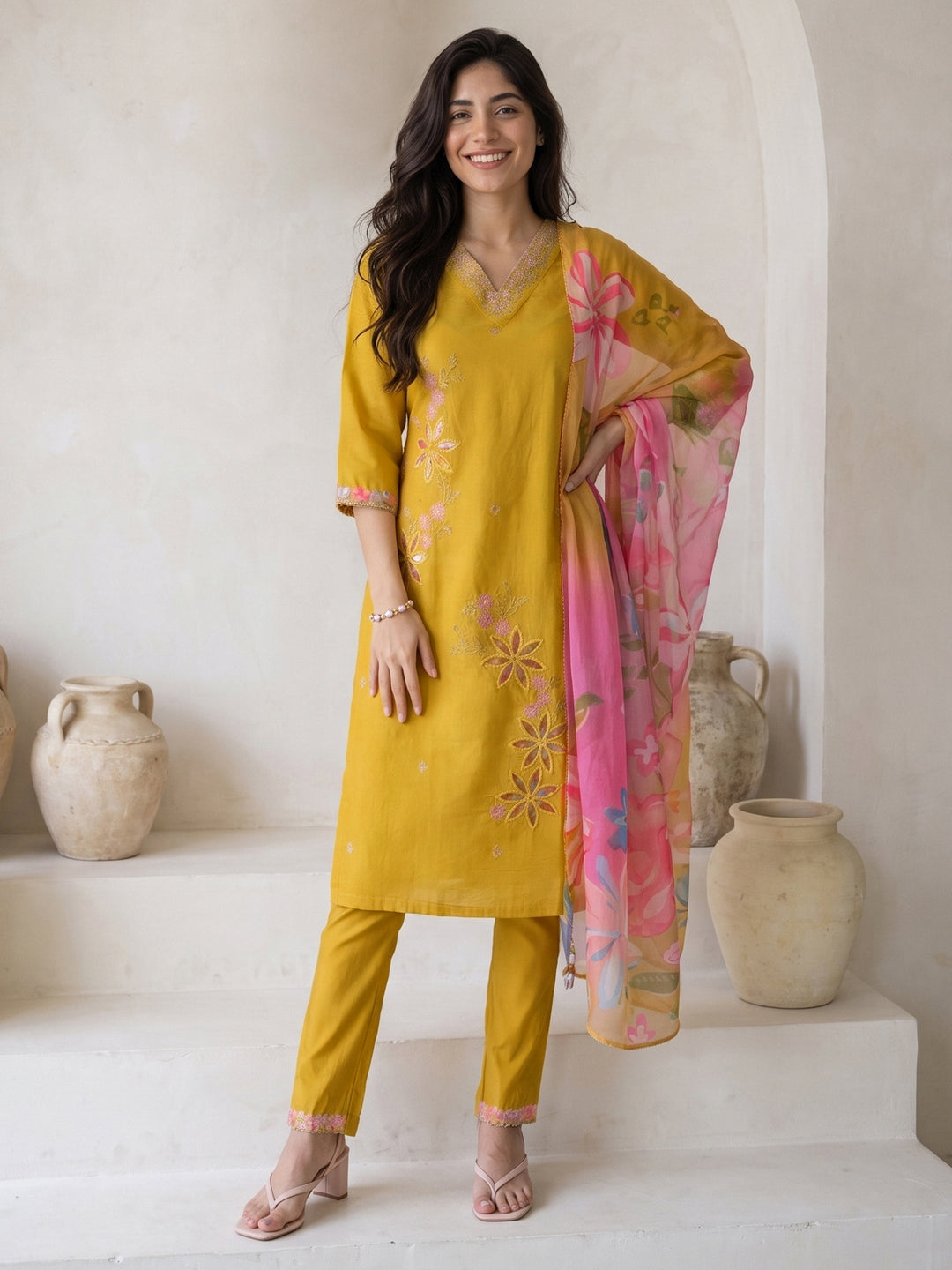  Libas Mustard Floral Embroidered Silk Blend Straight Suit Set 