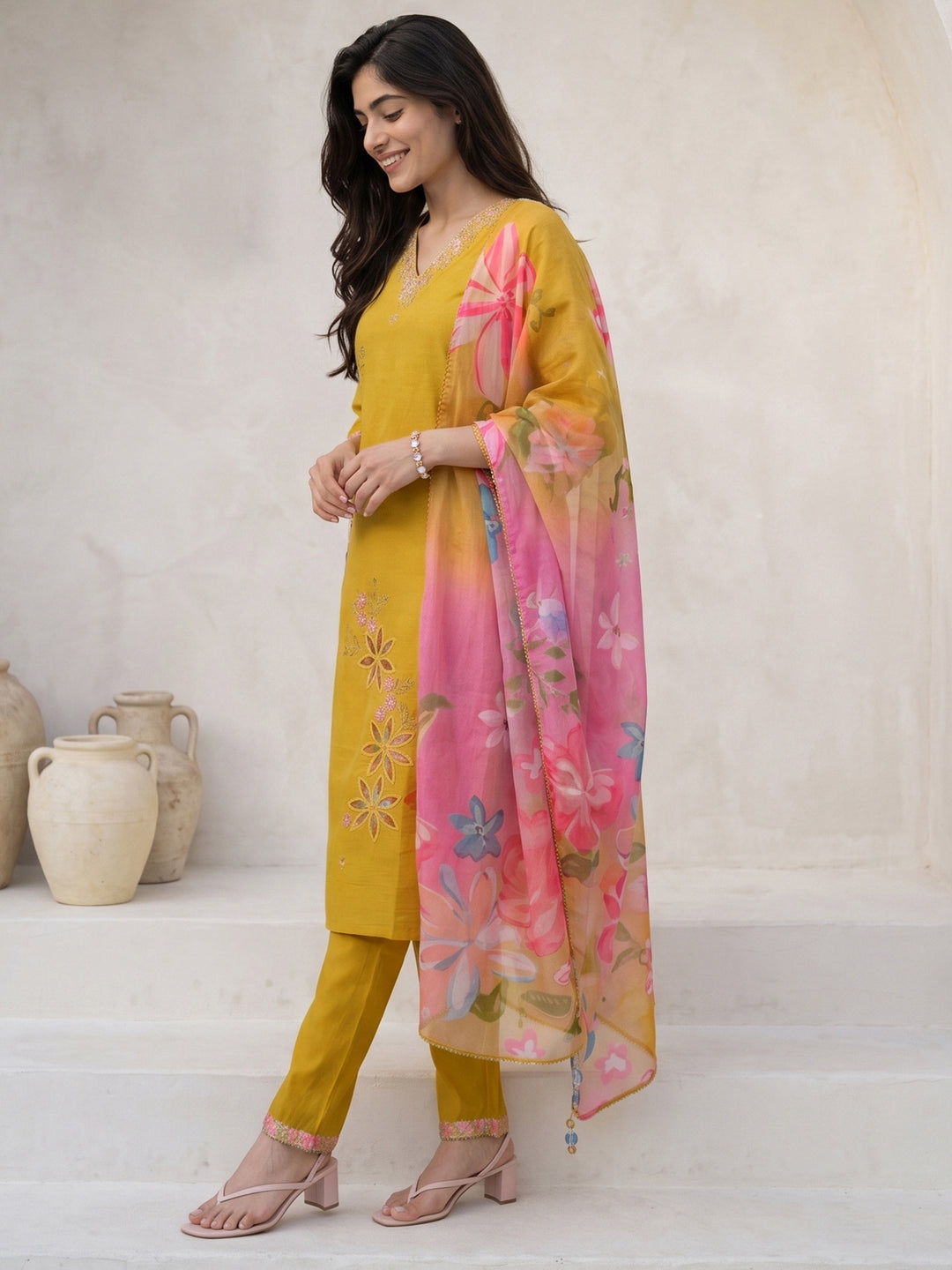  Libas Mustard Floral Embroidered Silk Blend Straight Suit Set 