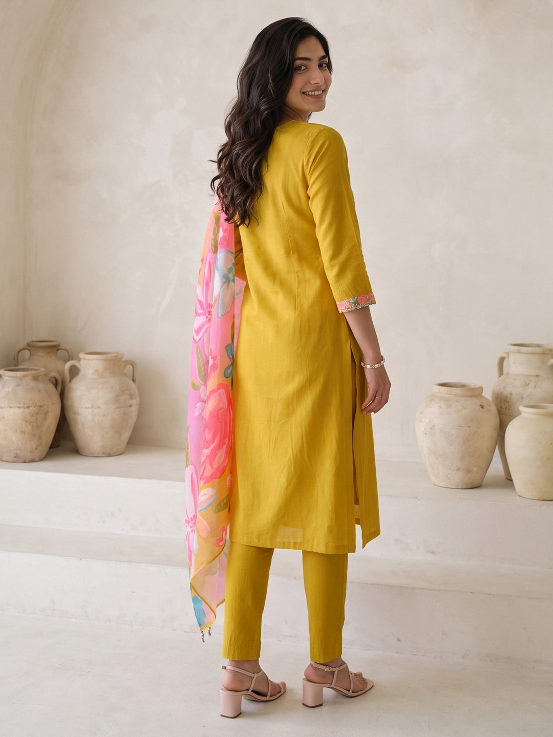  Libas Mustard Floral Embroidered Silk Blend Straight Suit Set 