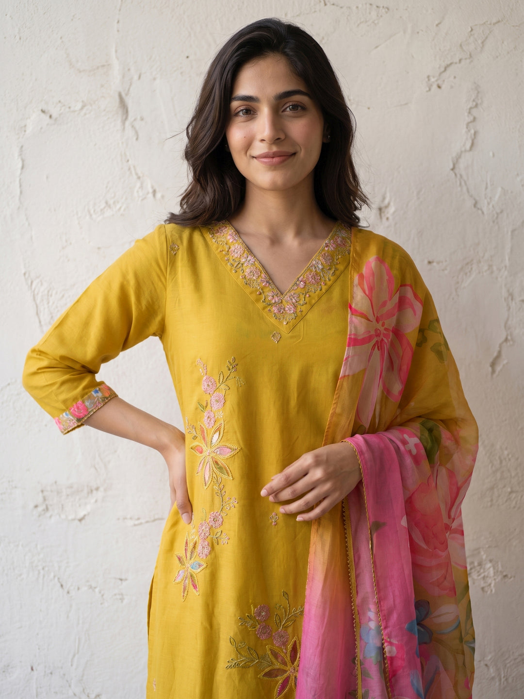  Libas Mustard Floral Embroidered Silk Blend Straight Suit Set 