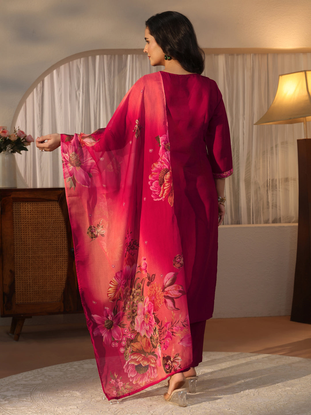  Libas Maroon Floral Embroidered Silk Blend Straight Suit Set 