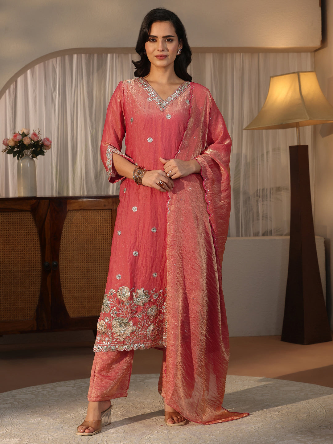  Libas Rust Red Floral Embroidered Tissue Straight Suit Set 