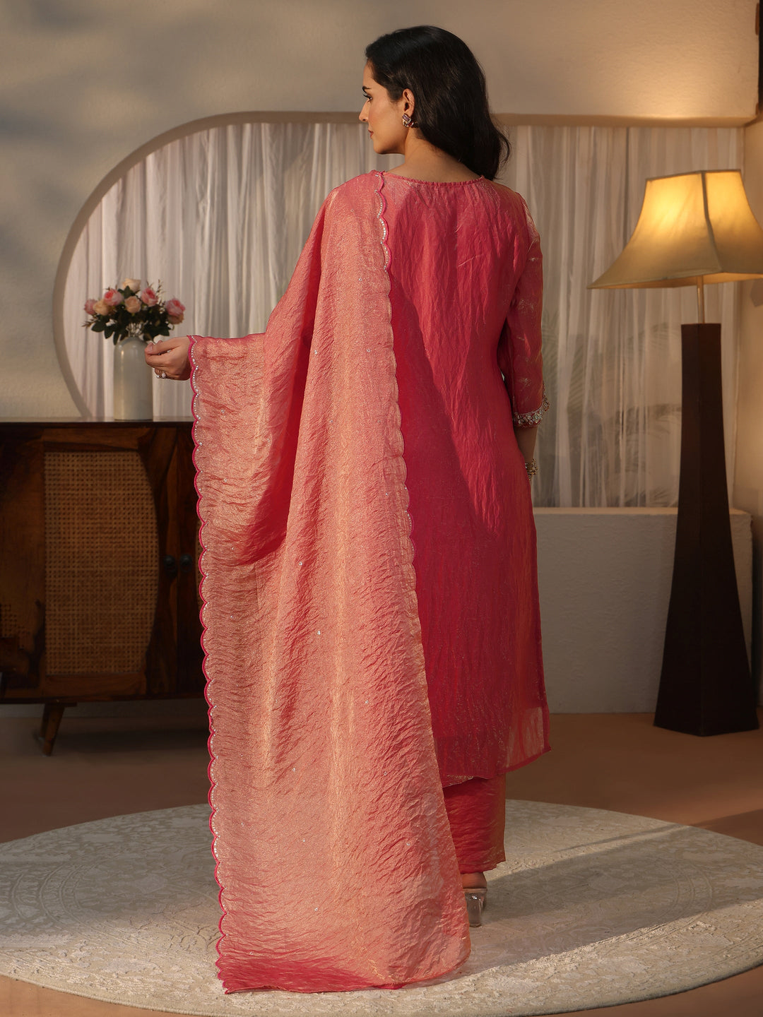  Libas Rust Red Floral Embroidered Tissue Straight Suit Set 