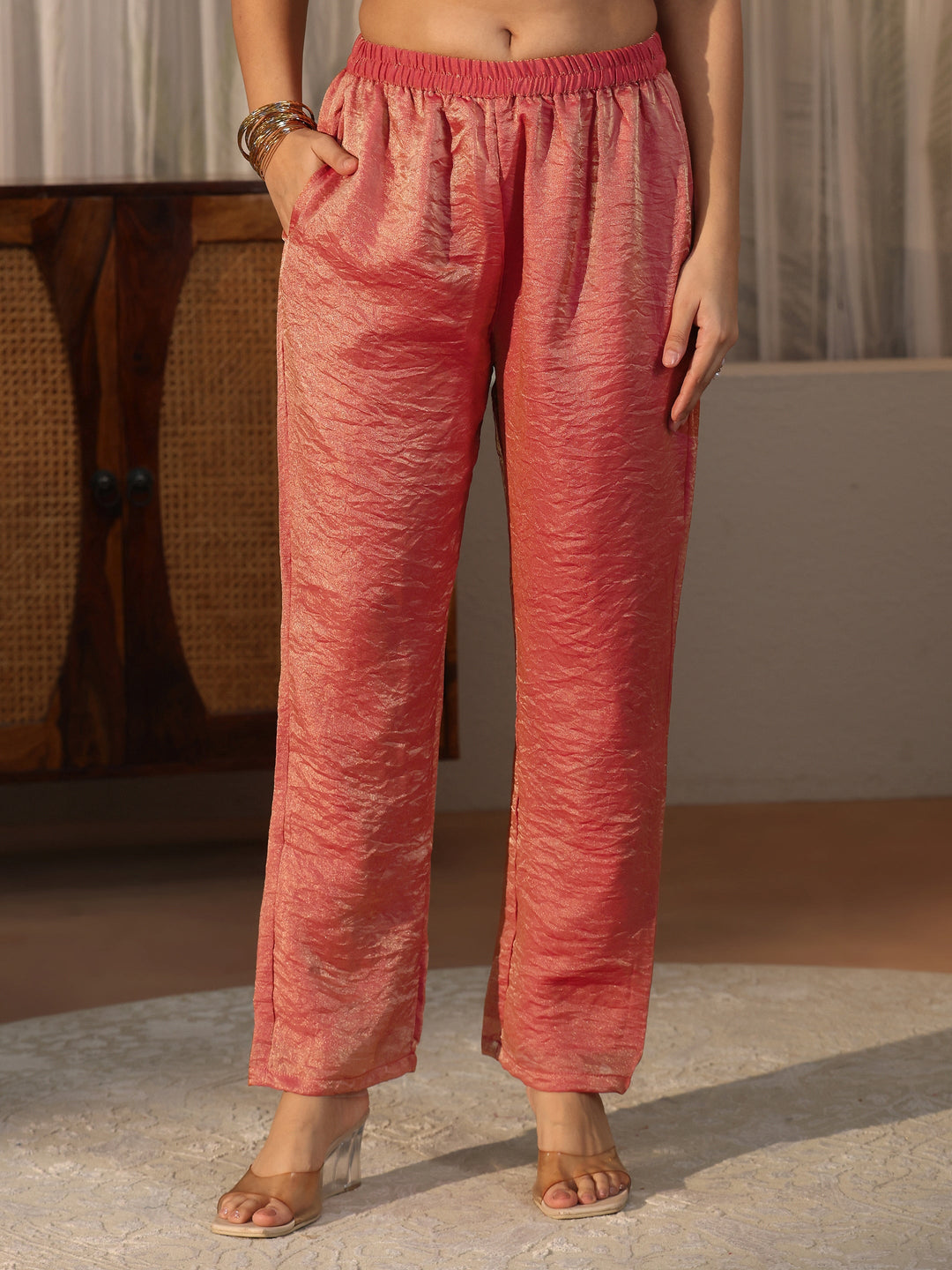  Libas Rust Red Floral Embroidered Tissue Straight Suit Set 