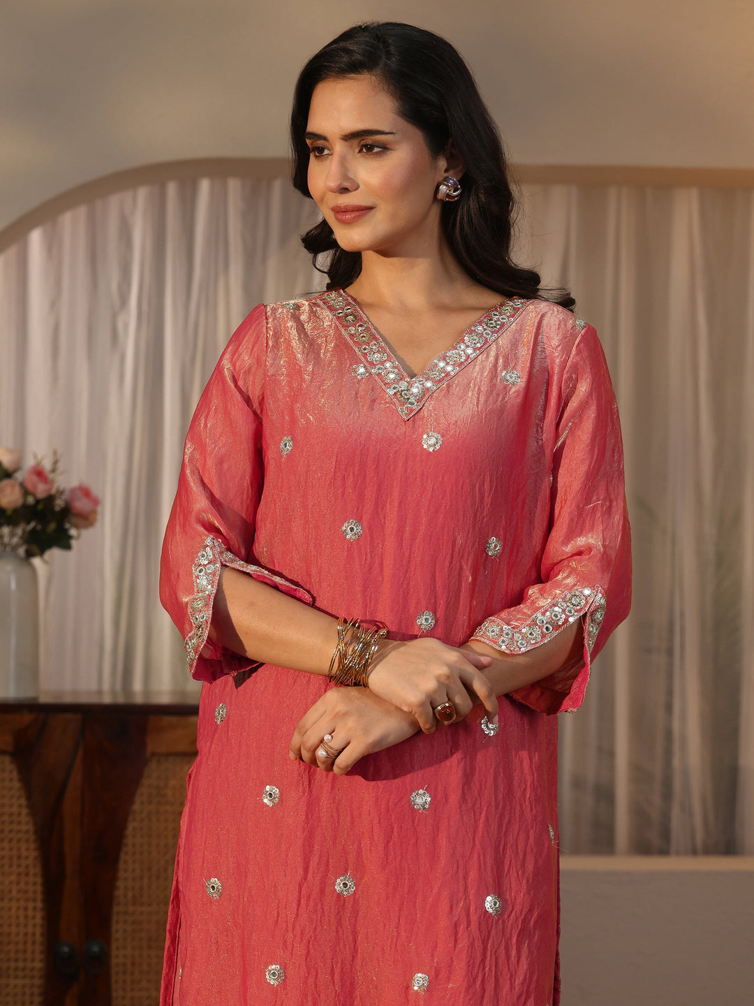  Libas Rust Red Floral Embroidered Tissue Straight Suit Set 