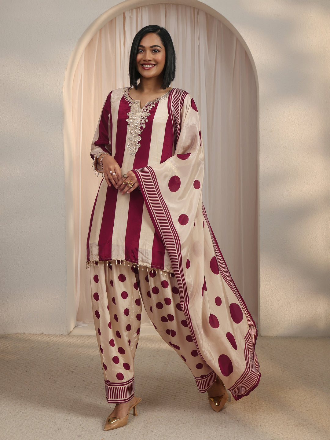  Libas Maroon Striped and Polka Dot Organza Farshi Salwar Suit 