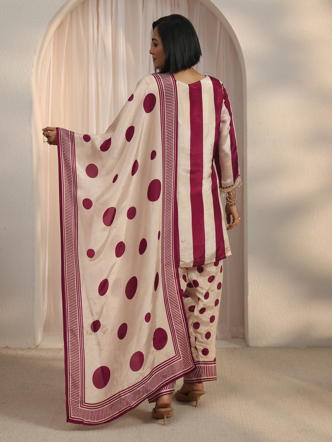  Libas Maroon Striped and Polka Dot Organza Farshi Salwar Suit 