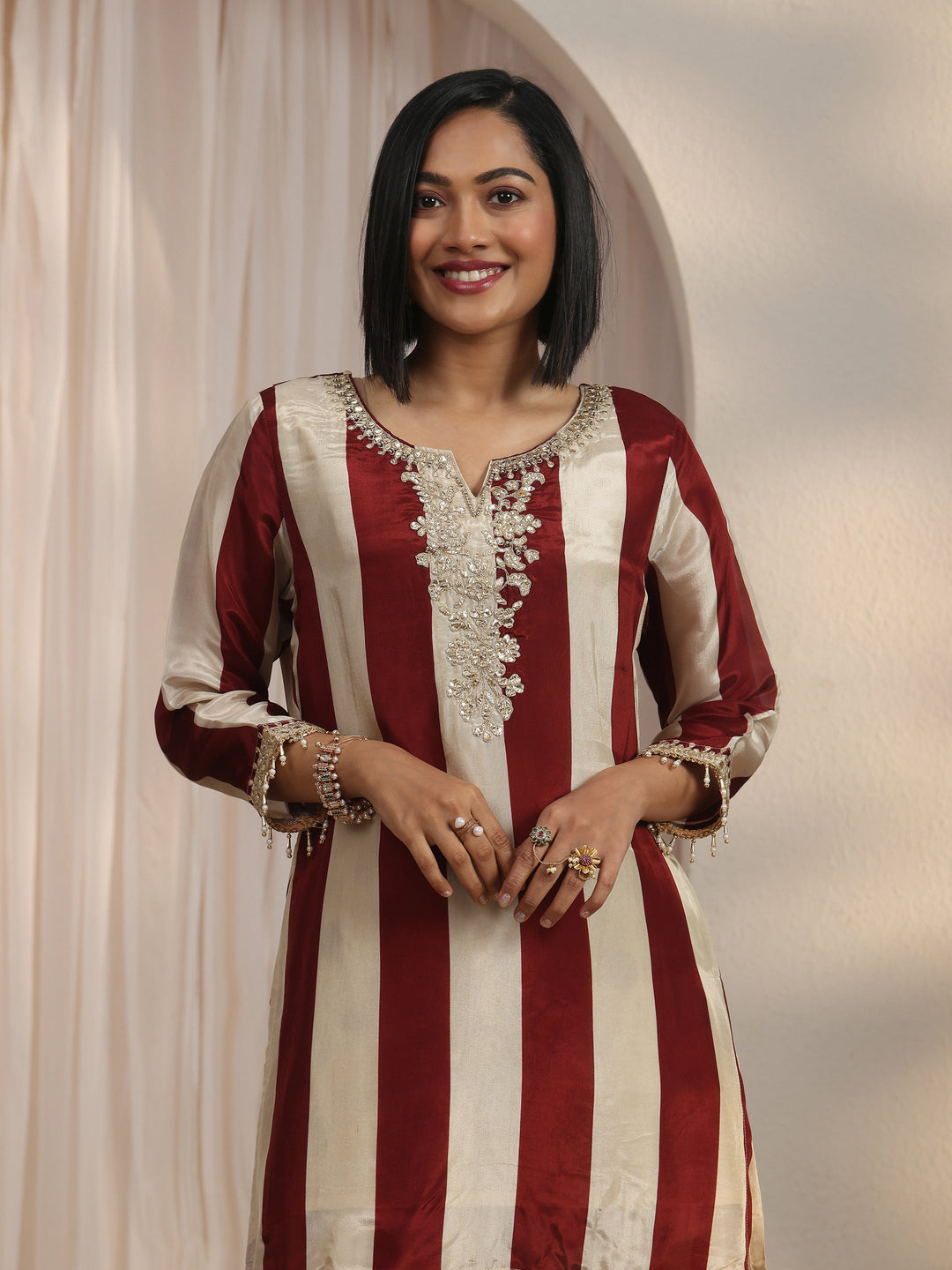  Libas Maroon Striped and Polka Dot Organza Farshi Salwar Suit 