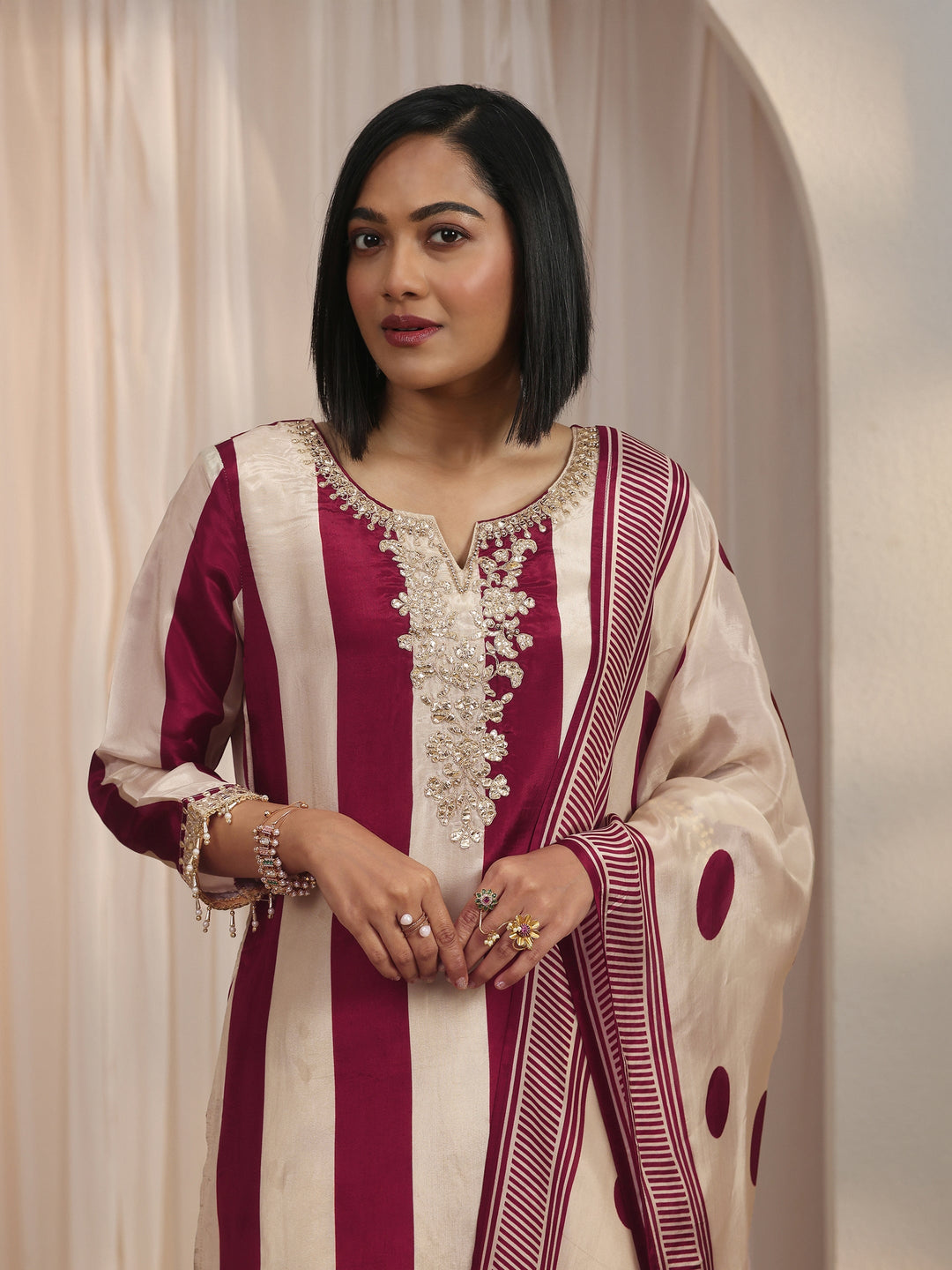  Libas Maroon Striped and Polka Dot Organza Farshi Salwar Suit 