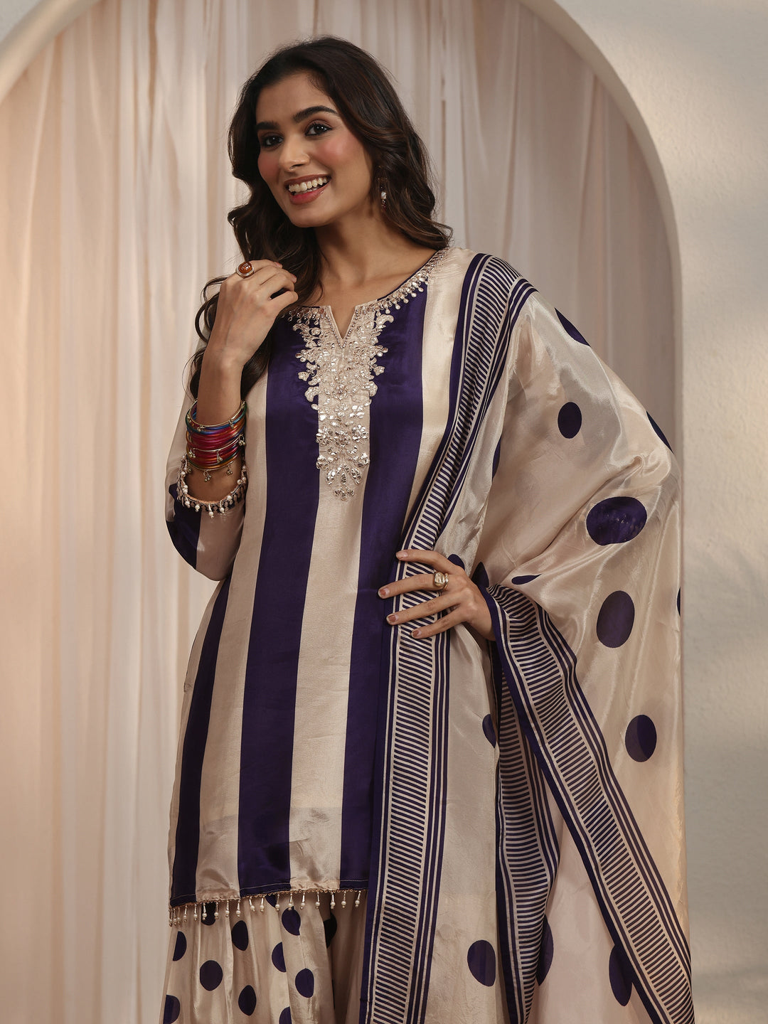  Libas Blue Striped and Polka Dot Organza Farshi Salwar Suit 
