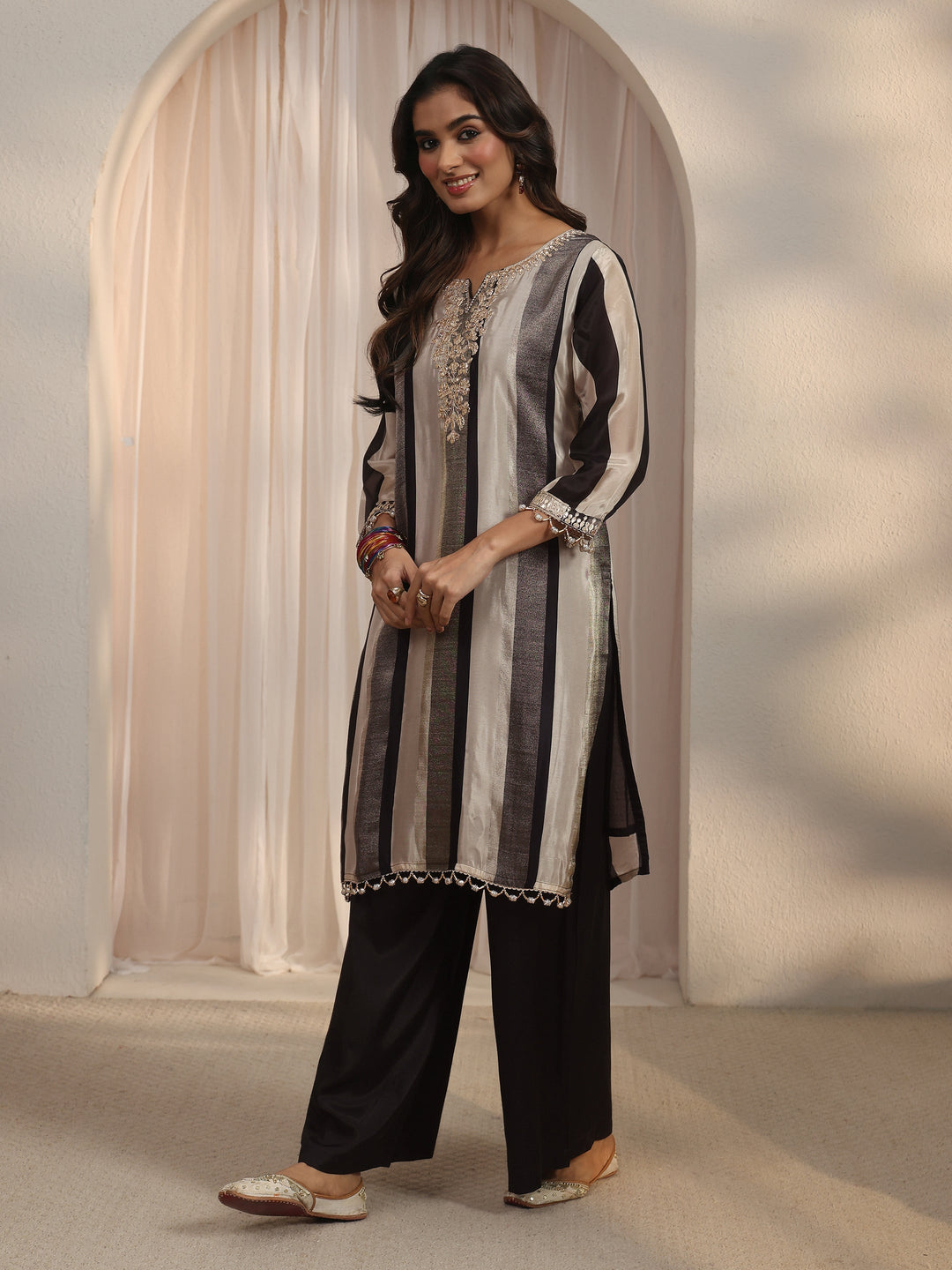  Libas Black Striped Organza Palazzo Suit Set 