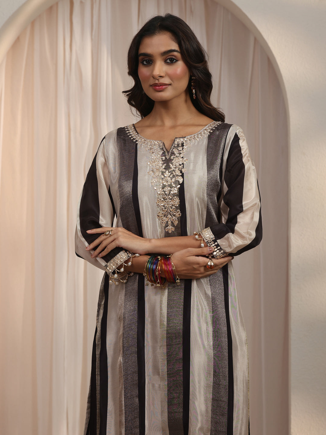  Libas Black Striped Organza Palazzo Suit Set 