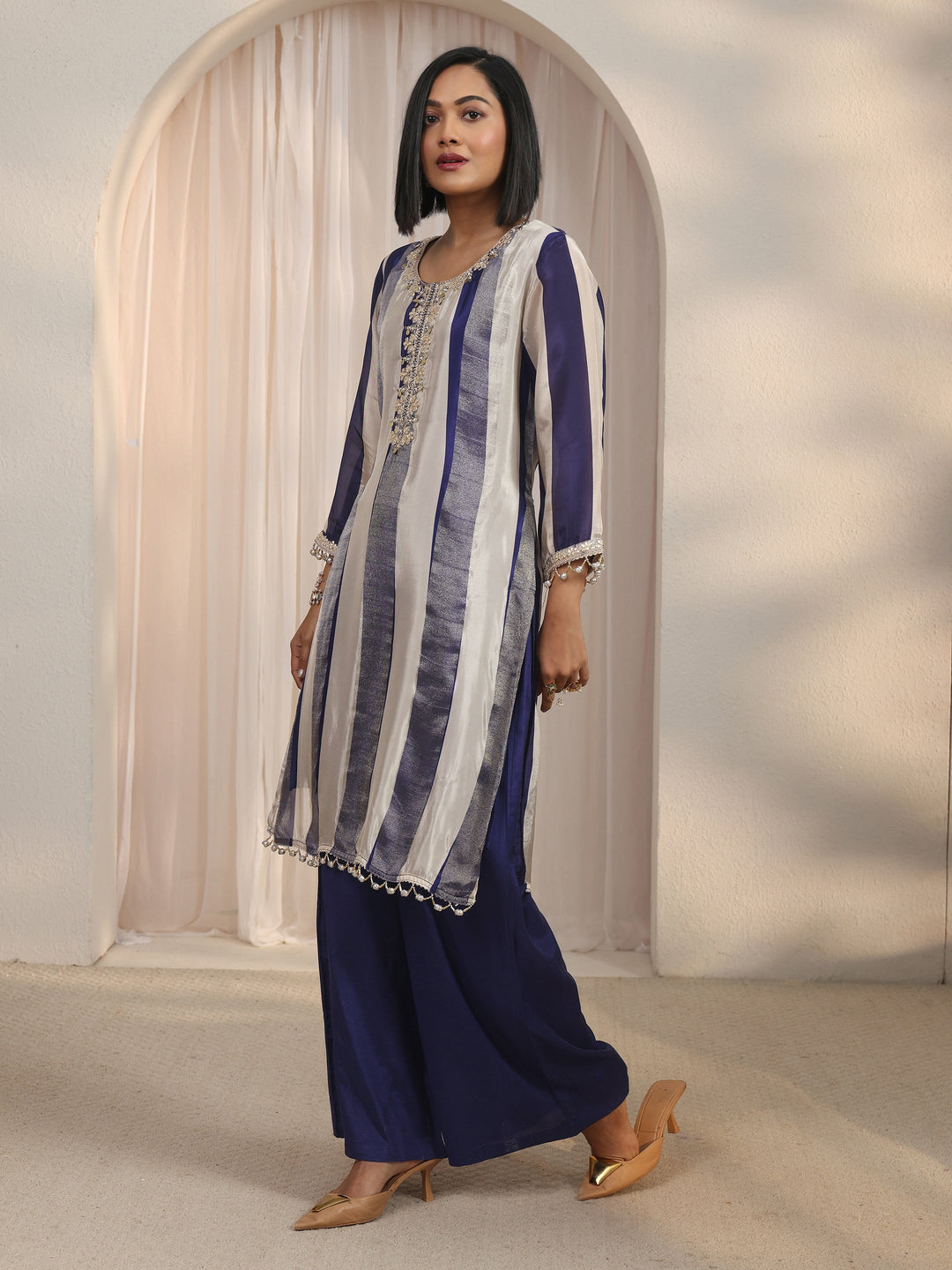  Libas Blue Striped Organza Palazzo Suit Set 