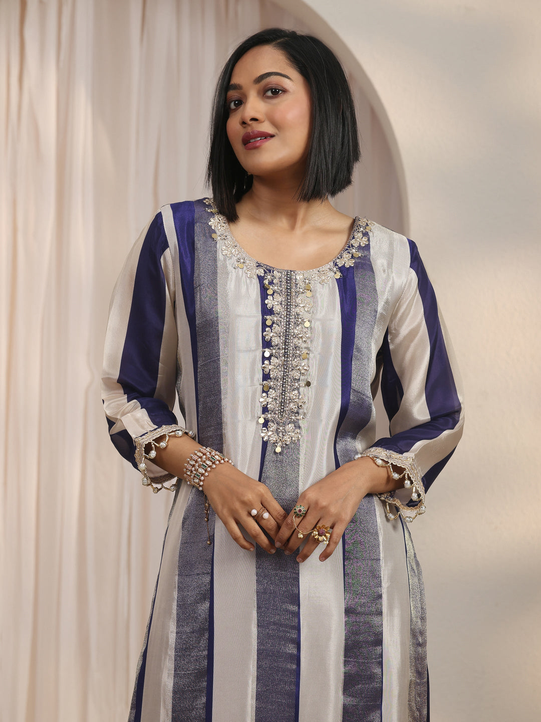  Libas Blue Striped Organza Palazzo Suit Set 