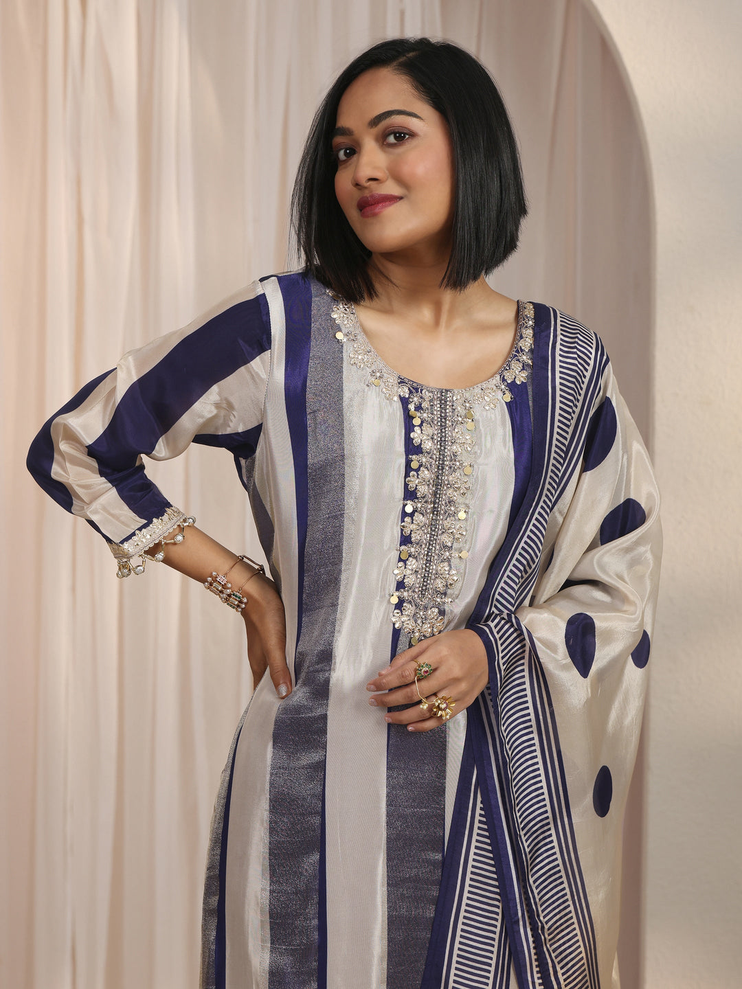  Libas Blue Striped Organza Palazzo Suit Set 