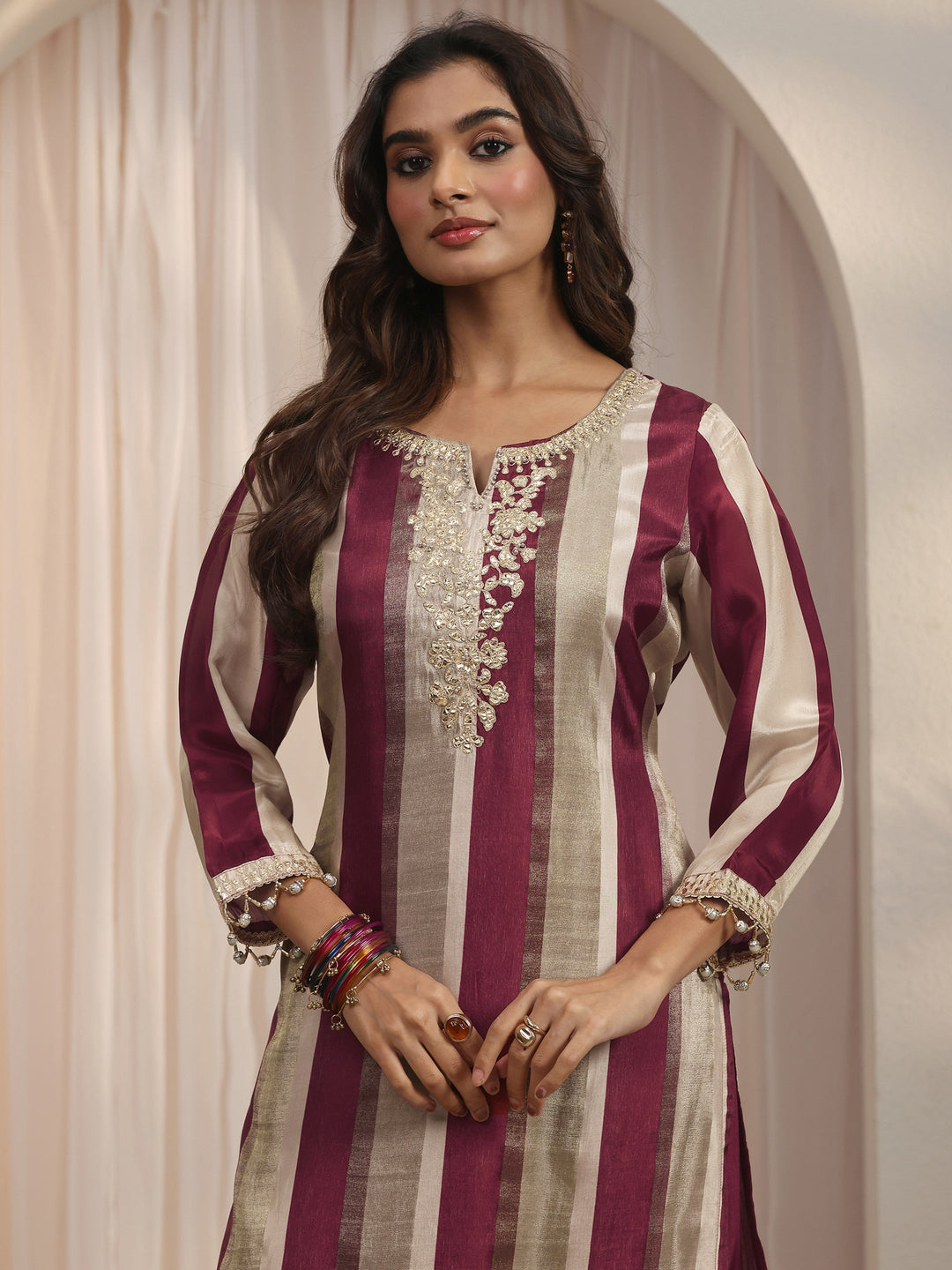  Libas Maroon Striped Organza Palazzo Suit Set 