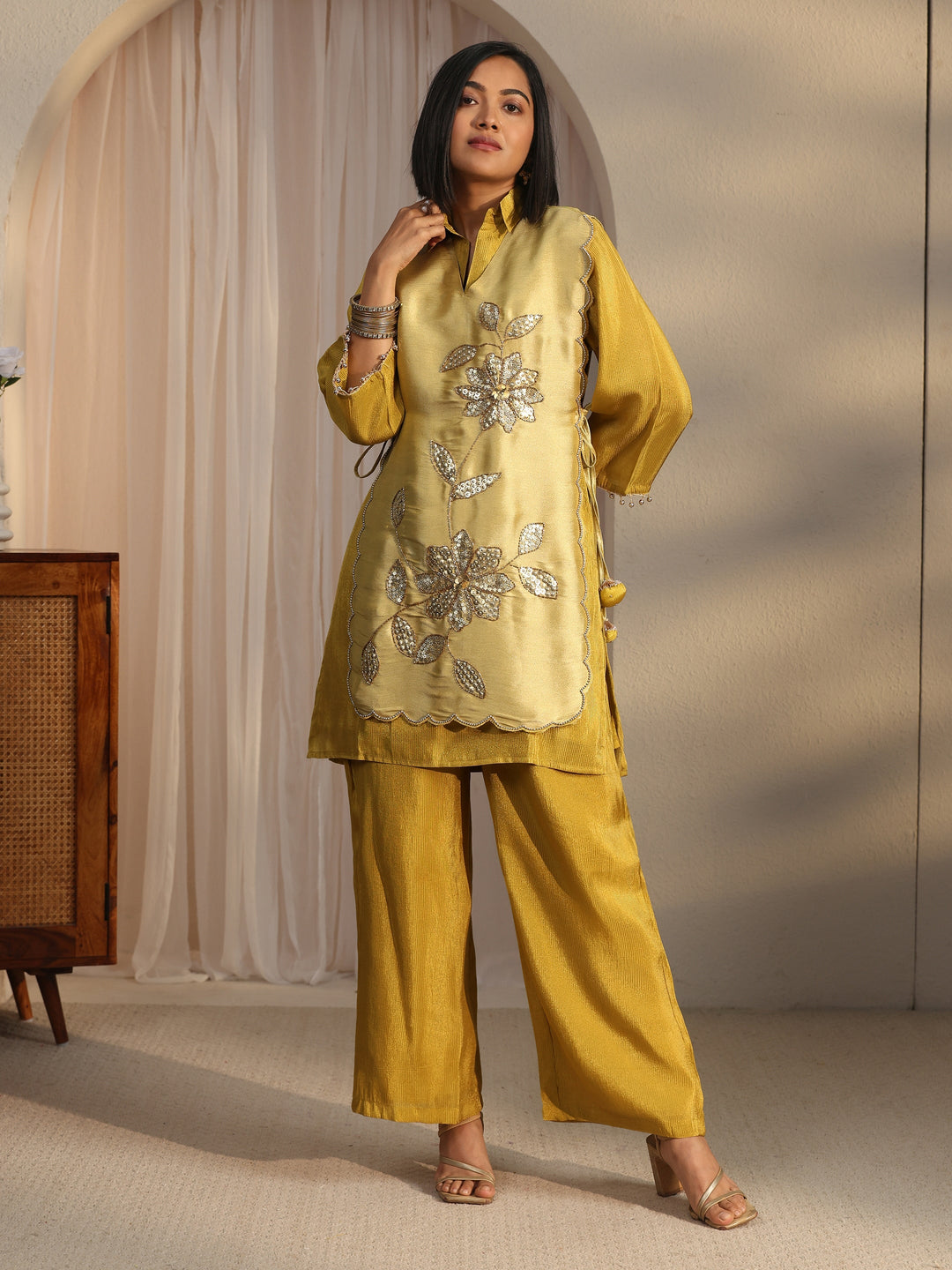  Libas Mustard Floral Embellished Tissue Bib Style Co-Ord Set 