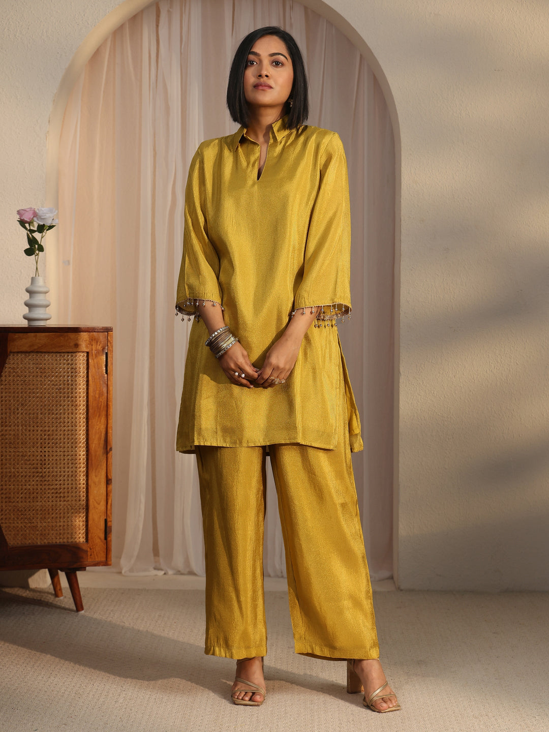  Libas Mustard Floral Embellished Tissue Bib Style Co-Ord Set 