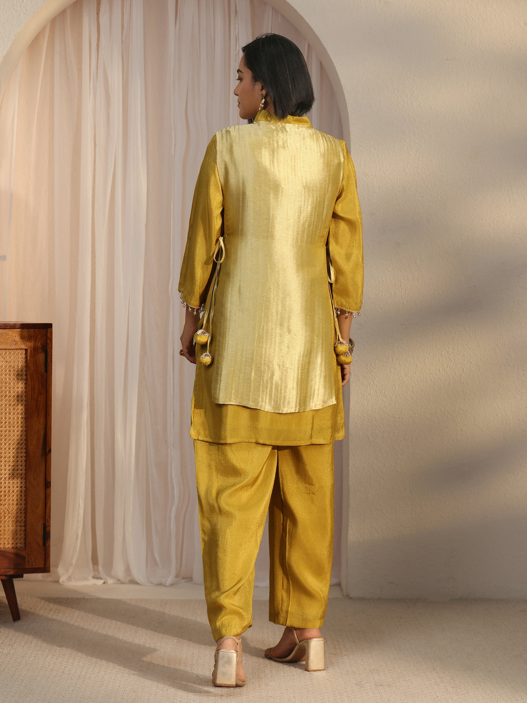  Libas Mustard Floral Embellished Tissue Bib Style Co-Ord Set 
