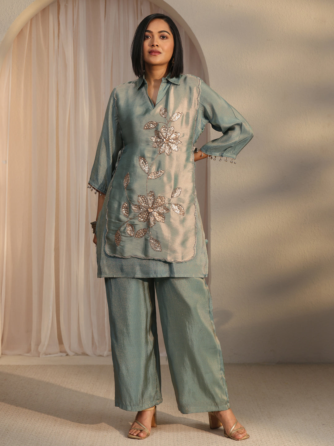  Libas Green Floral Embellished Tissue Bib Style Co-Ord Set 
