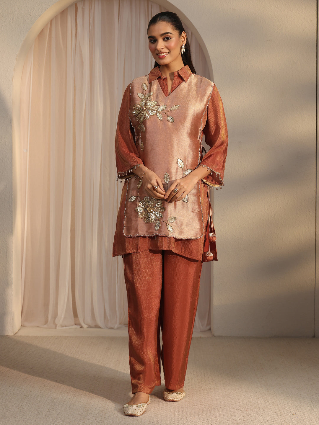  Libas Rust Brown Floral Embellished Tissue Bib Style Co-Ord Set 