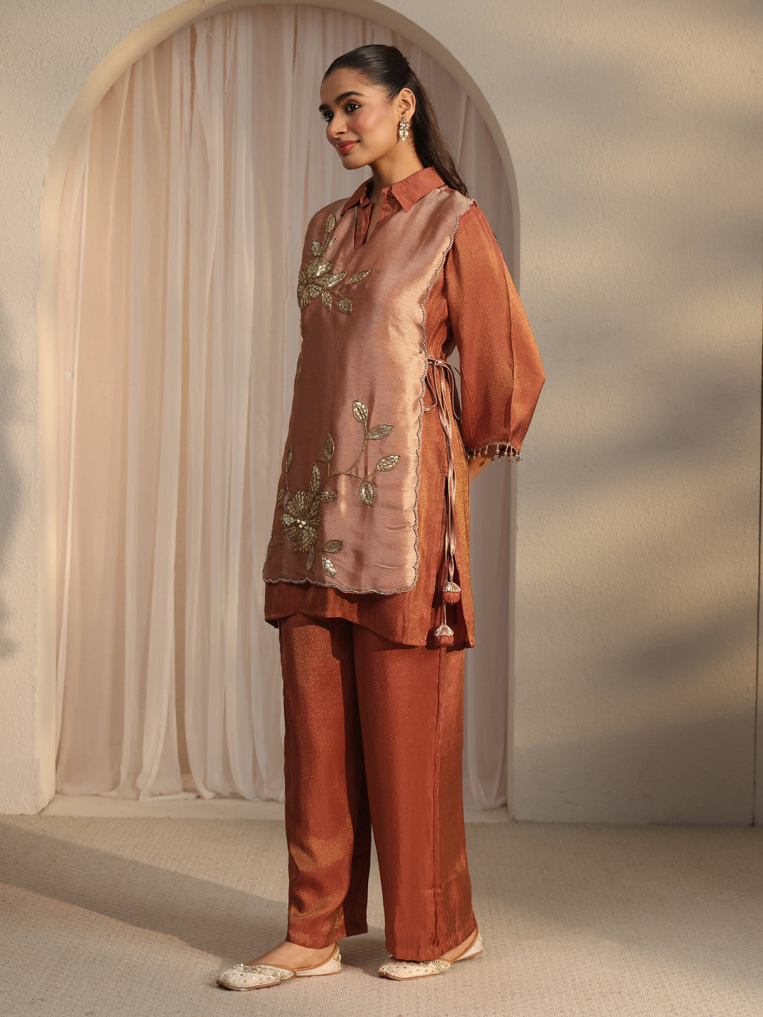  Libas Rust Brown Floral Embellished Tissue Bib Style Co-Ord Set 